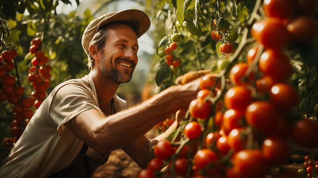 An image capturing a smiling farmer as he carefully inspects the quality of the cherry tomatoes on the vine in a warm, sunlit greenhouse.