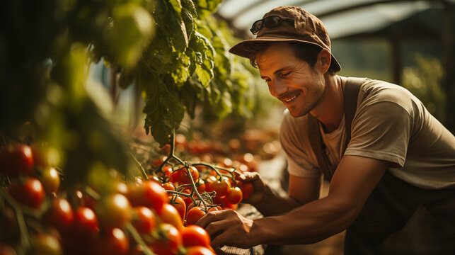 An image capturing a smiling farmer as he carefully inspects the quality of the cherry tomatoes on the vine in a warm, sunlit greenhouse.