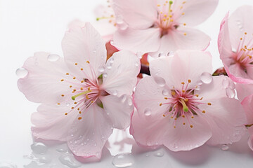 Spring cherry blossoms with dew drops on white background. Seasonal flora.