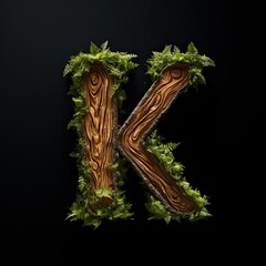 Wooden letter K. Wood font made of sticks, bark and wood. Forest typographic symbol. Concept of...