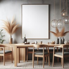 Mock up photo frame in dining room with wood chairs and table. Abstract minimal scene dining room design