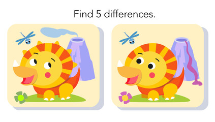 Obraz na płótnie Canvas Find 5 hidden differences in picture. Educational puzzle game for kids. Cute flat simple dinosaur in Jurassic Park. Vector colour illustration. 
