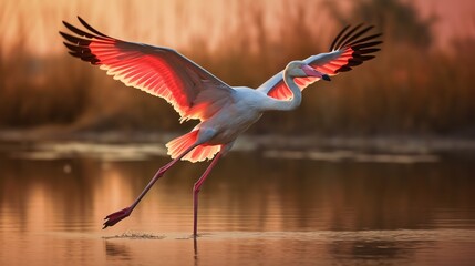 Flying European Greater Flamingo against colorful sky. Flying Flamingo in natural habitat. Wildlife scene of nature in Europe