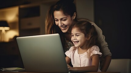 Happy girl with mother using laptop for video call in living room at home
