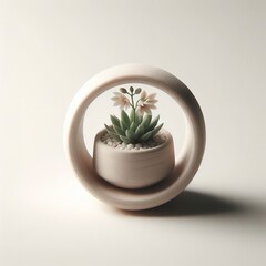 Minimal small pot of haworthia plant with flower against white background , save the earth concept