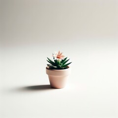 Minimal small pot of haworthia plant with flower against white background , save the earth concept