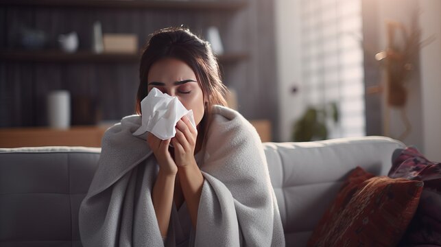 Ill upset young woman sitting on sofa covered with blanket freezing blowing running nose got fever caught cold sneezing in tissue, sick girl having influenza symptoms coughing at home, flu