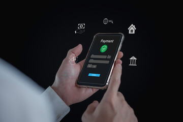 Online payment shopping concept businessman hands holding using mobile smart phone for payment, banking, online shopping. Technology online banking applications via internet network.