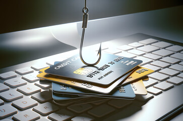 Credit cards and fishing hook on a computer keyboard. Online data phishing concept