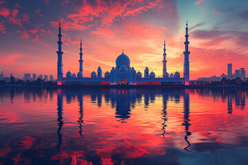 Naklejka premium Ramadan Kareem greeting card banner poster design with moon and Mosque minar 
