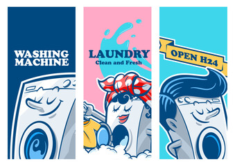 Laundry graphic washing machine banner set with cartoon
​