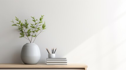 Minimalist composition of elegant home office space with design chair, black vase with leaf, sculpture, book and personal accessories. Copy space. Minimalist home decor. Template. - obrazy, fototapety, plakaty