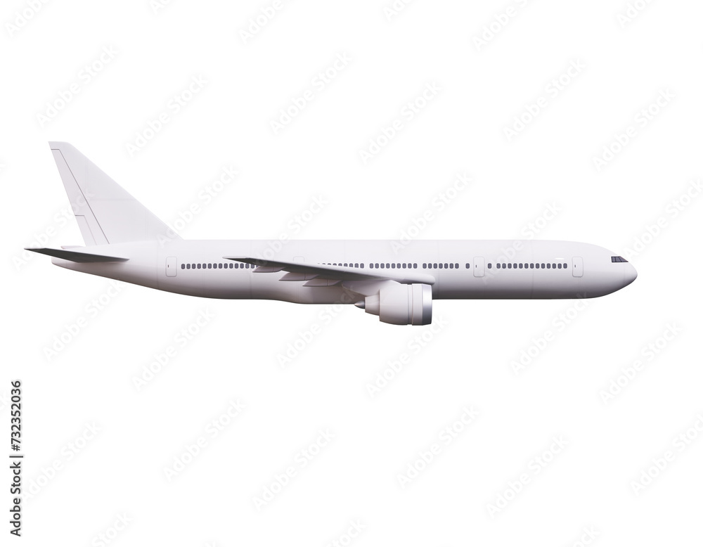 Poster side view of white commercial airplane in flight isolated on white. travel and technology concept. 3