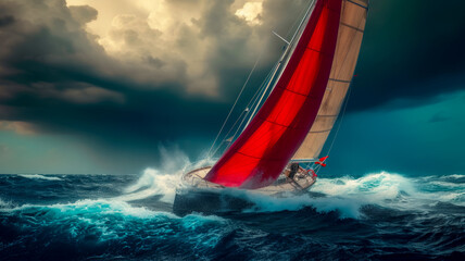 Poster with a view of the stormy sea, a yacht is leaving the storm, a banner concept or...