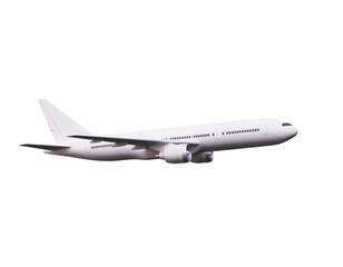 White commercial airplane in profile against a transparent background, aviation theme. 3D Rendering