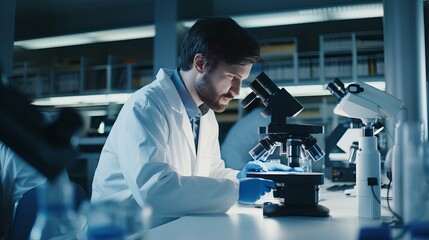 Modern Medical Research Laboratory: Portrait of Male Scientist Using Microscope, Charmingly Smiling on Camera. Advanced Scientific Lab for Medicine, Biotechnology, Microbiology Development