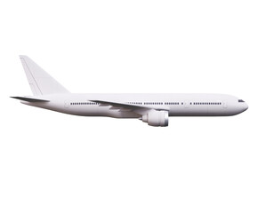 Side view of white commercial airplane in flight isolated on white. Travel and technology concept. 3D Rendering