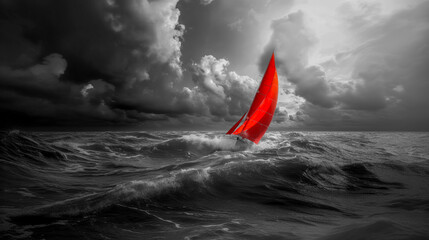 Black and white photo, a yacht with scarlet sails moves away from an approaching storm, banner concept or advertisement for a yacht cruise - obrazy, fototapety, plakaty