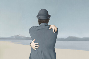 Illustration of man hugging himself, self love abstract concept - obrazy, fototapety, plakaty