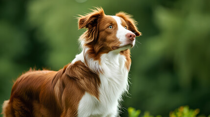 A brown and white dog standing on a Green Background