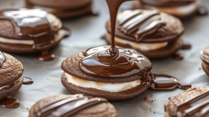 Chocolate cookies with marshmallow filling being drizzled with melted chocolate.