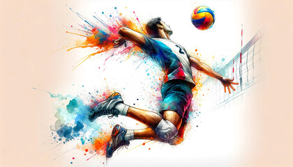 An energetic volleyball player in mid-air spike with a dynamic explosion of colorful paint splatters against a pale background, depicting motion and sport.Sport concept.AI generate