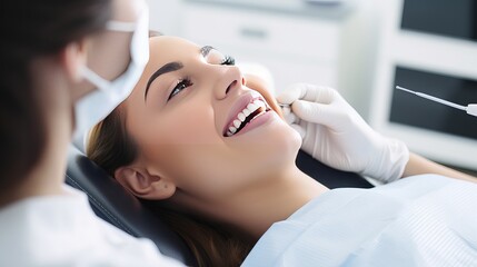 Over the shoulder view of a dentist examining a patients teeth in dental clinic. Female having her teeth examined by a dentist