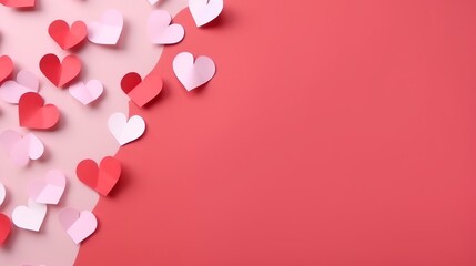 Paper craft hearts on pink background. Valentine background with many volume red hearts