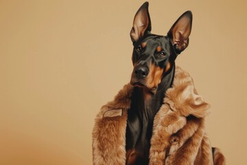 Doberman dog in luxurious faux fur coat.