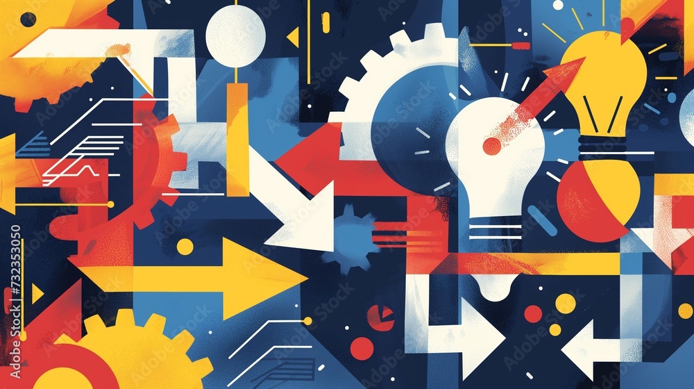 Poster a dynamic array of arrows, gears and a glowing light bulb, symbolizing innovation, strategic thinkin