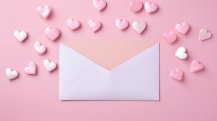 Pink envelope and blank form with paper pink hearts on a pink background. Valentine's Day card.Copy space
