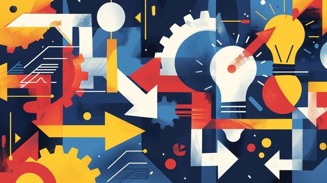 A dynamic array of arrows, gears and a glowing light bulb, symbolizing innovation, strategic thinking, and creative problem solving concepts.