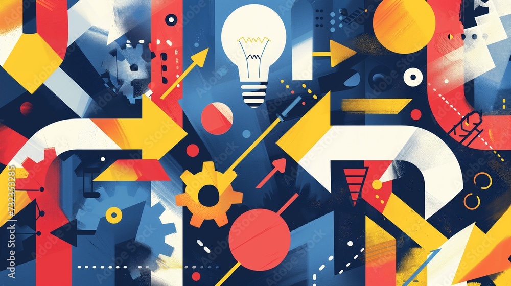 Poster a dynamic array of arrows, gears and a glowing light bulb, symbolizing innovation, strategic thinkin