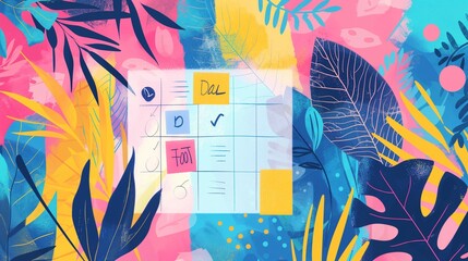 A creative abstract illustration depicting a to do list concept with a blend of vibrant colors and shapes, symbolizing organization and productivity.