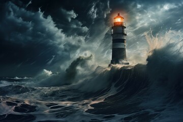 Turbulent Sea storm lighthouse. Ocean wave. Generate Ai