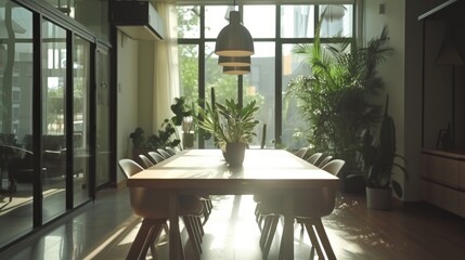 Fototapeta premium Modern dining room with natural light and indoor plants