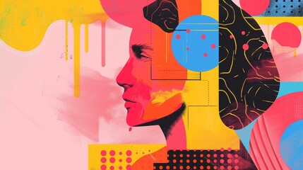 Concept of decision making, featuring a stylized silhouette of a human head seamlessly blended with vibrant, colorful shapes and pathways, symbolizing the complex process of thought and choice.