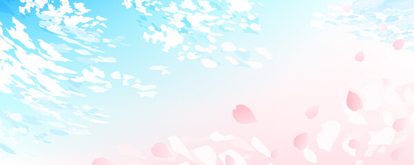 桜の花びらが散るきれいな雲と青空の背景イラスト - obrazy, fototapety, plakaty
