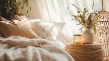 Fototapeta na wymiar Selective focus on home decor. Comfortable bedroom in bohemian interior style with textile sheet on bed, wooden bench seat, bamboo dressing screen, dry plants in vase, wicker basket