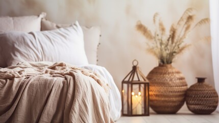 Selective focus on home decor. Comfortable bedroom in bohemian interior style with textile sheet on bed, wooden bench seat, bamboo dressing screen, dry plants in vase, wicker basket