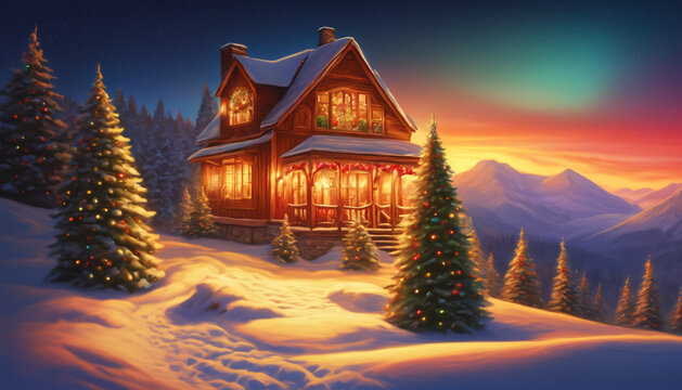 Enchanted Winter Cabin at Twilight