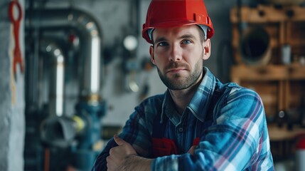 The image portrays a confident plumber with crossed arms, set in a workshop environment, indicative of themes like manual expertise, and trade skills