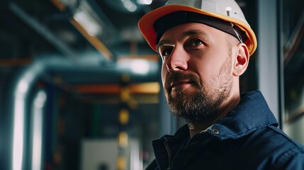 A poised adult worker in protective gear exudes professionalism against an industrial backdrop, his gaze suggesting concentration and expertise, ideal for representing themes of industry