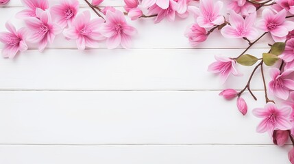 Naklejka na ściany i meble Spring flowers. Pink flowers on white wooden background. Flat lay, top view, copy space