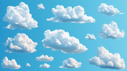 3D cumulus clouds in bubble shape, white and fluffy, representing realistic weather symbols in a summer skiescape. - obrazy, fototapety, plakaty