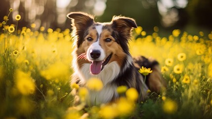 Smilling dog is sitting between yellow flowers with a flower on his head. Dog in springtime