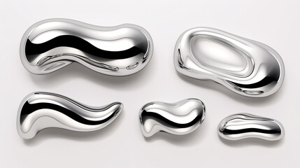 Realistic rendering of elements featuring 3D Chrome abstract liquid shapes.