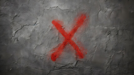 Red cross symbol in line art drawn with red spray paint, isolated on gray cement wall background. Red cross sign