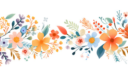 Fototapeta na wymiar Horizontal white banner decorated with gorgeous colorful blooming flowers and leaves. Spring botanical flat vector illustration on white background