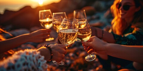 A clique of female friends clink glasses of chardonnay during sundown. Close-up. - obrazy, fototapety, plakaty